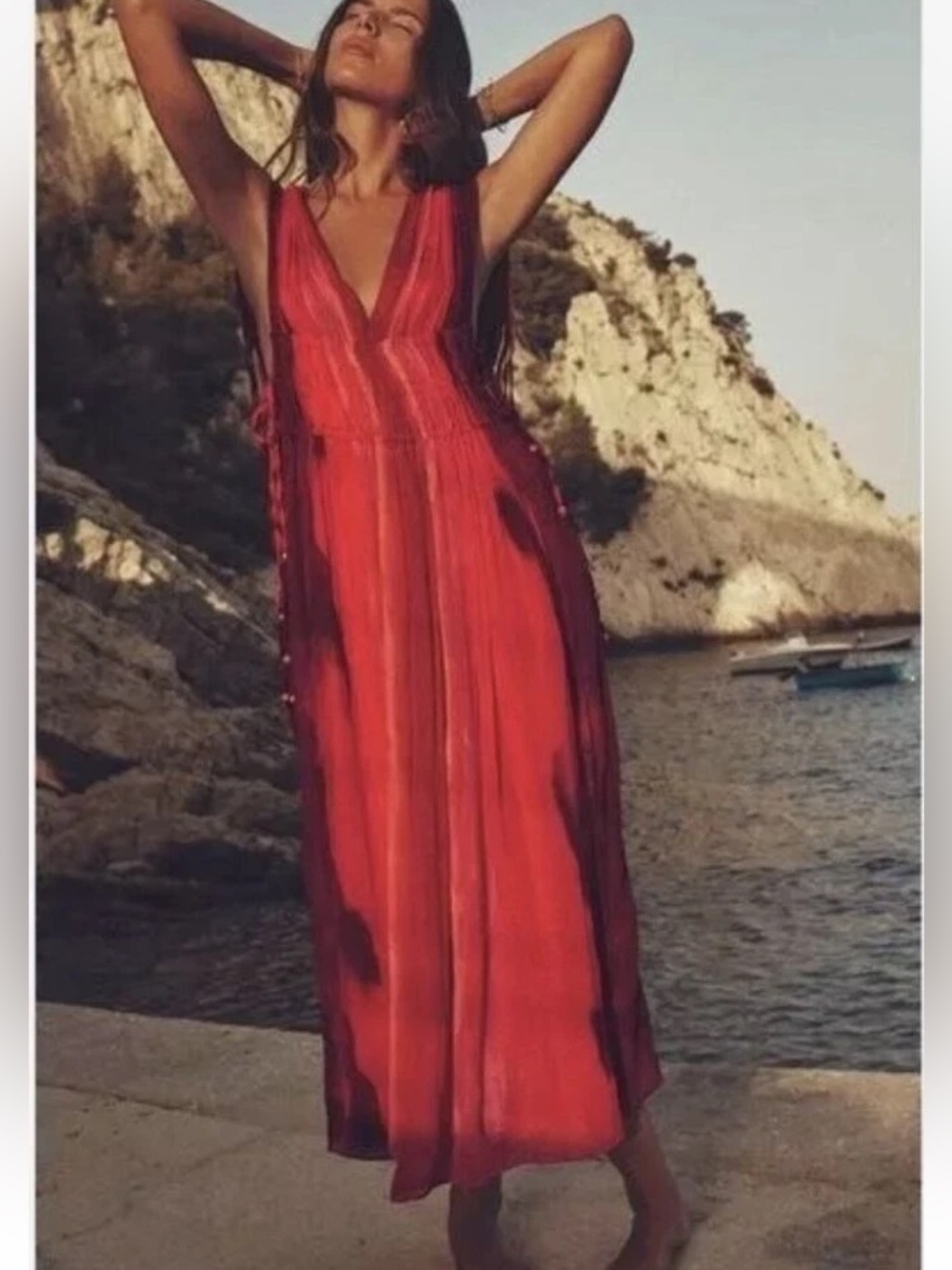 ZARA Sleeveless V-Neck Bead Tie Dye Midi Dress W2567 Sz S